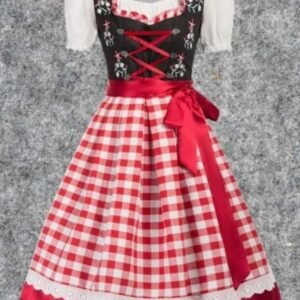 Black Cotton Dirndl Dress with White & Red Checkered Apron