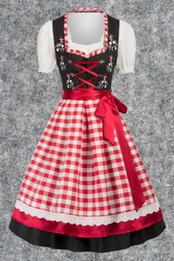 Black Cotton Dirndl Dress with White & Red Checkered Apron