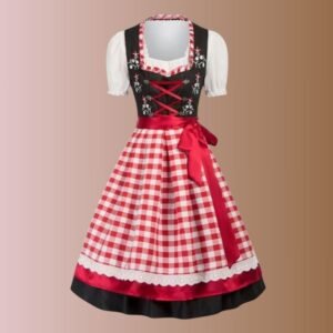 Black Cotton Dirndl Dress with White & Red Checkered Apron